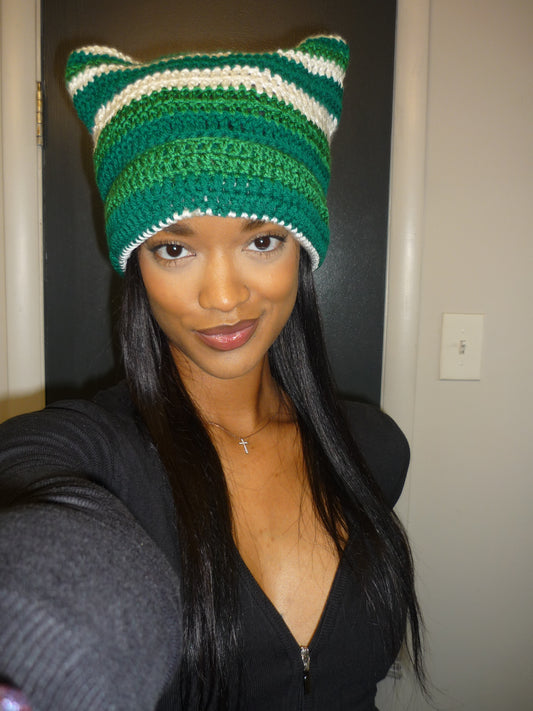 Green Cat Ear Crochet Beanie